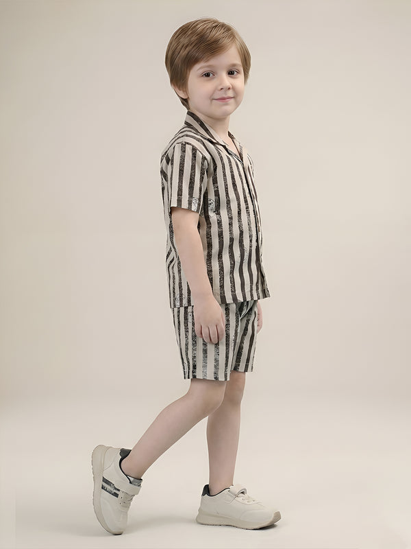 Polka Tots Half Sleeves Lining print Co-ords - Brown