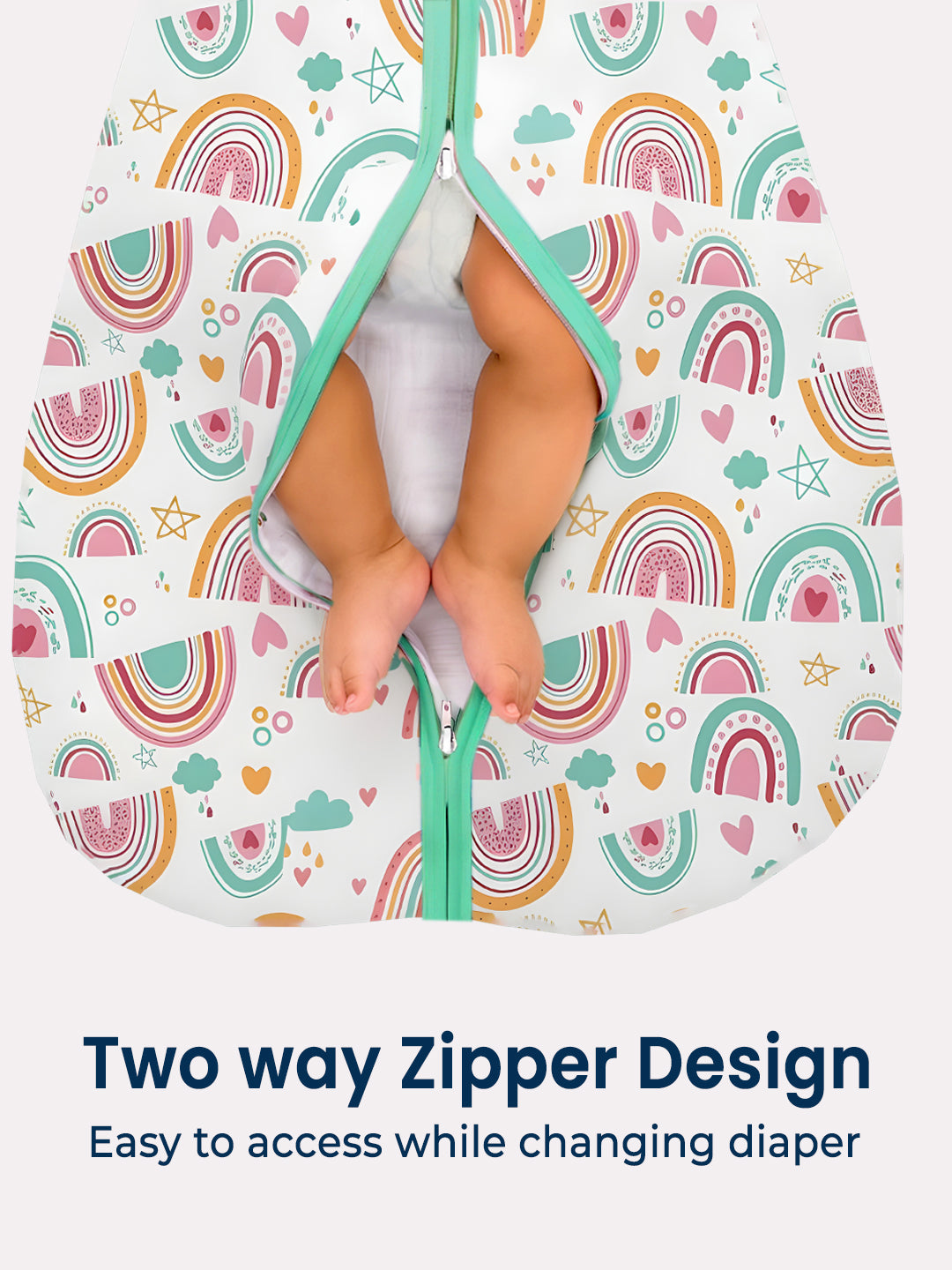 Polka Tots 100% Soft Cotton Rainbow Print Sleeping Bag with Cap - Multicolor