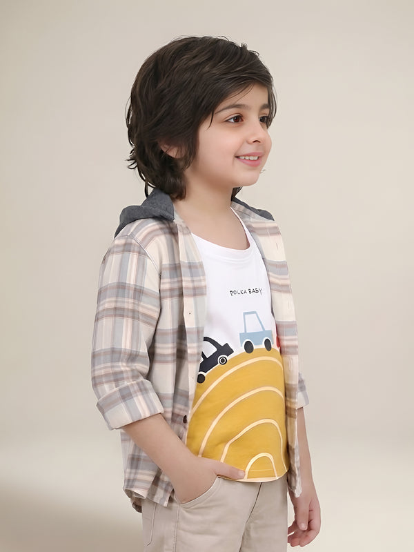 Polka Tots Full Sleeves Polka Baby print Shirt With Attached Tshirt - Cream