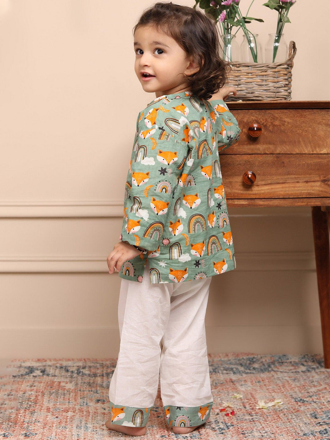Polka Tots Wolf Print Full Sleeves Nightwear Kurta pyjama set - Green