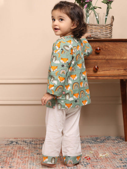 Polka Tots Wolf Print Full Sleeves Nightwear Kurta pyjama set - Green