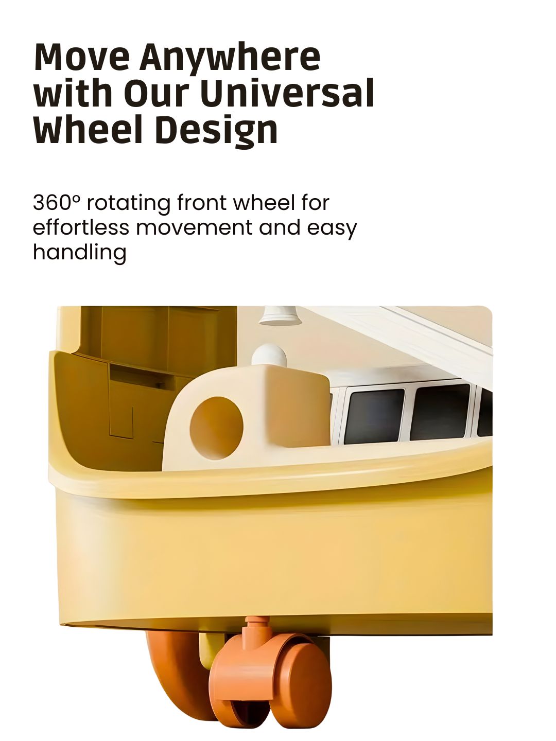 Yellow vehicle with a rotating front wheel and text about its universal design.