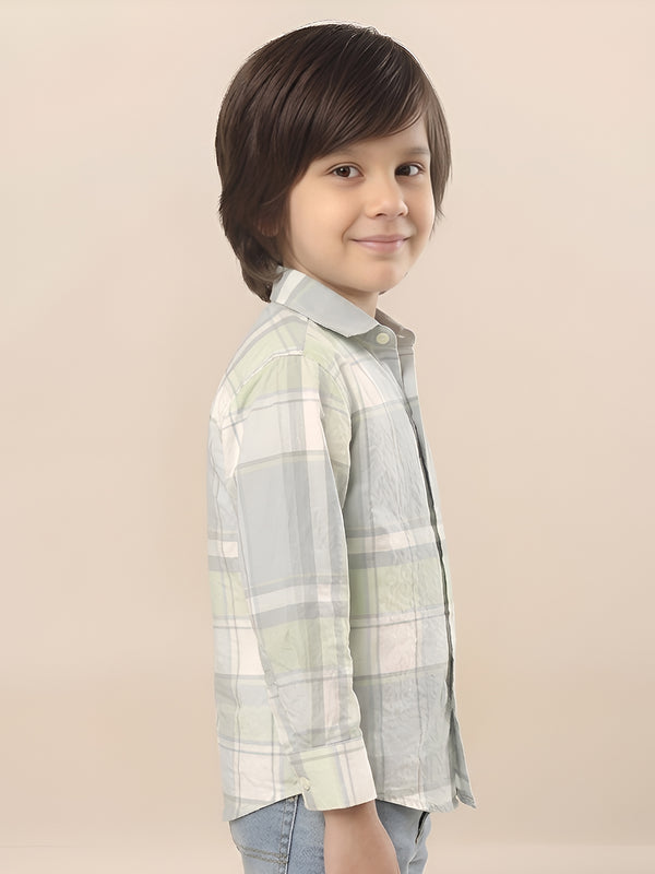 Polka Tots Full Sleeves Checks print Shirt - Green