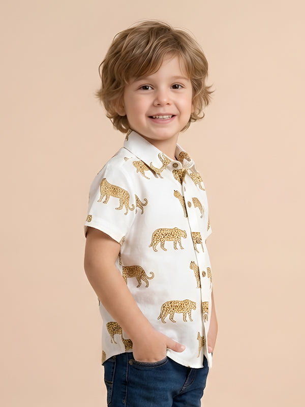 Polka Tots Half Sleeve Shirt Leopard Print - White