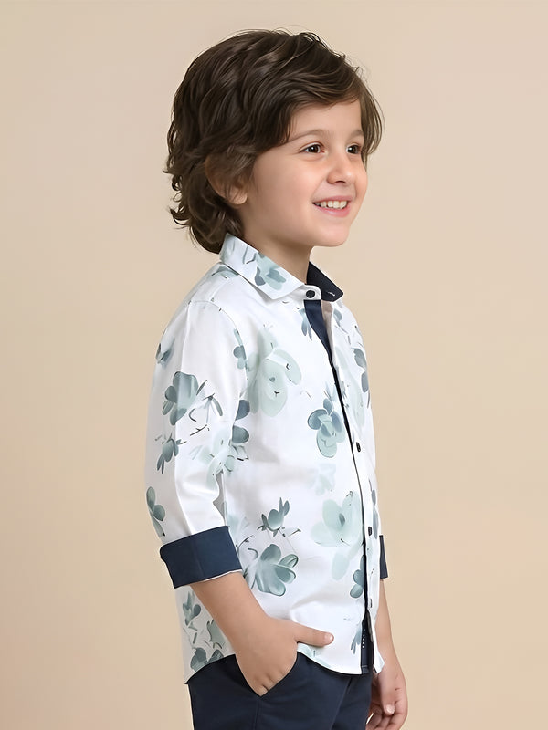 Polka Tots Full Sleeve Shirt Blue Floral Print - White