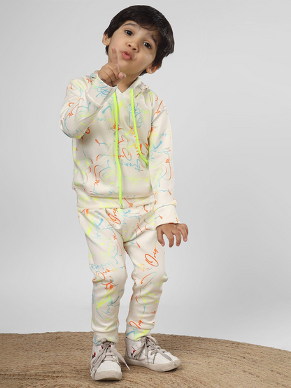 Polka Tots Full sleeve Neon Letters Print Co-ord Set - White