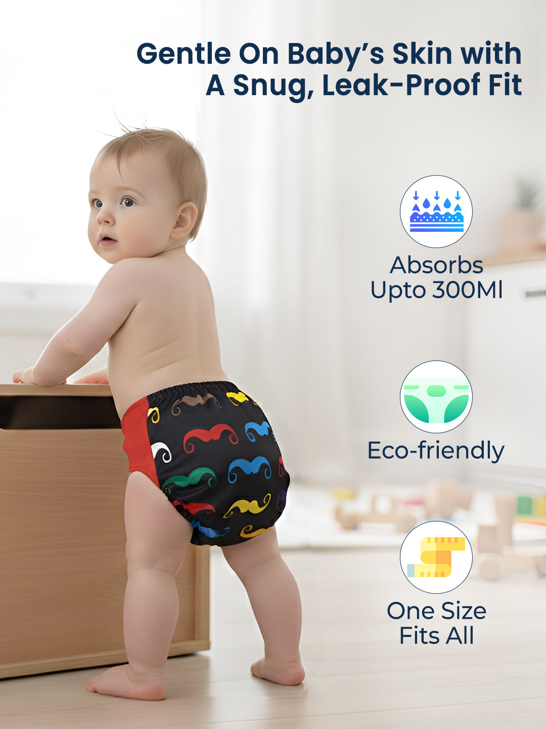 Baby wearing colorful diaper with product features highlighted on a light background