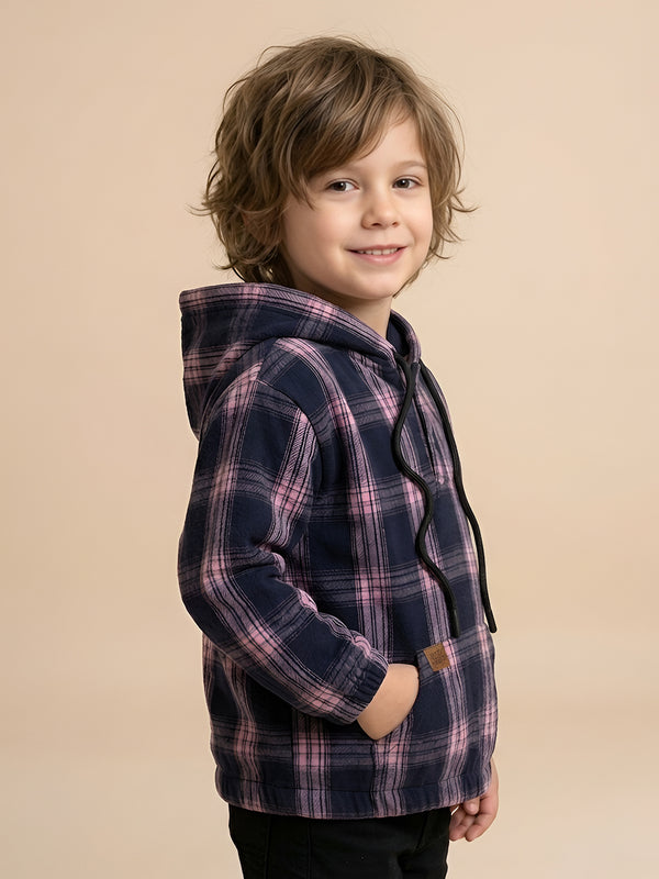 Polka Tots Kids Full Sleeves Checked Hoodie Shirt - Black and Pink