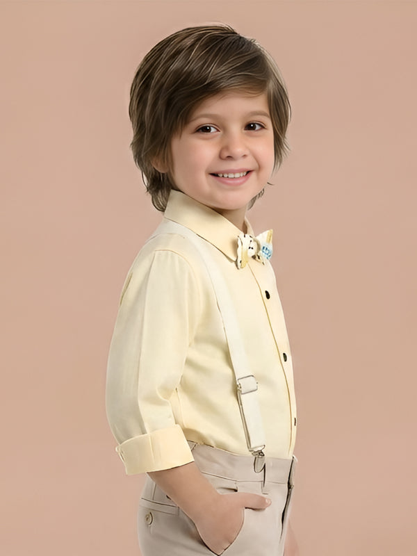 Polka Tots plain party shirt with wood bow tie and stripe suspender - Yellow