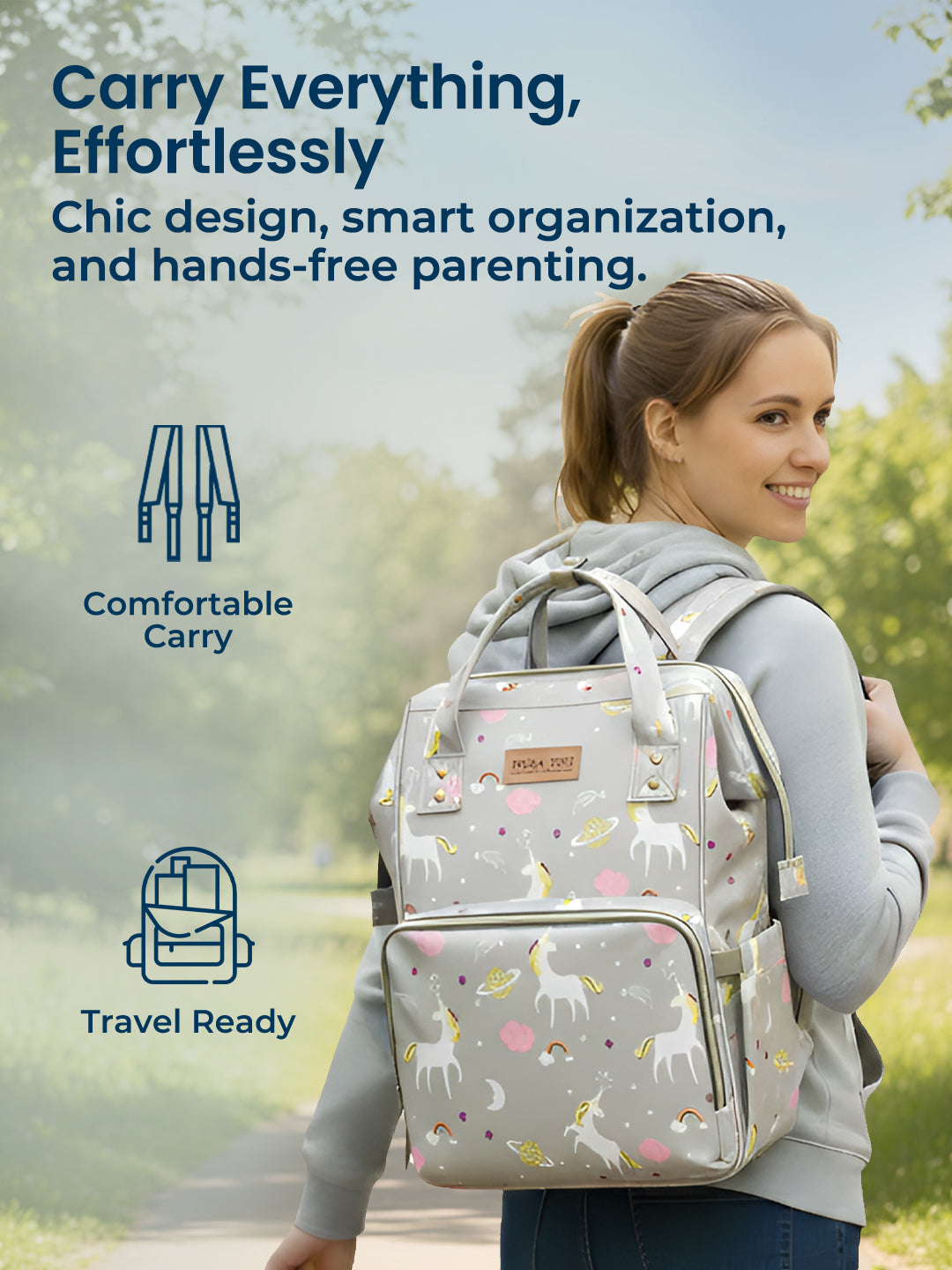 Woman carrying a gray backpack with unicorn pattern outdoors