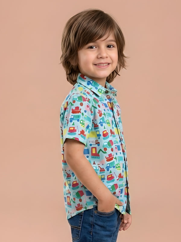 Polka Tots Half Sleeve Shirt Car Print - Light Blue