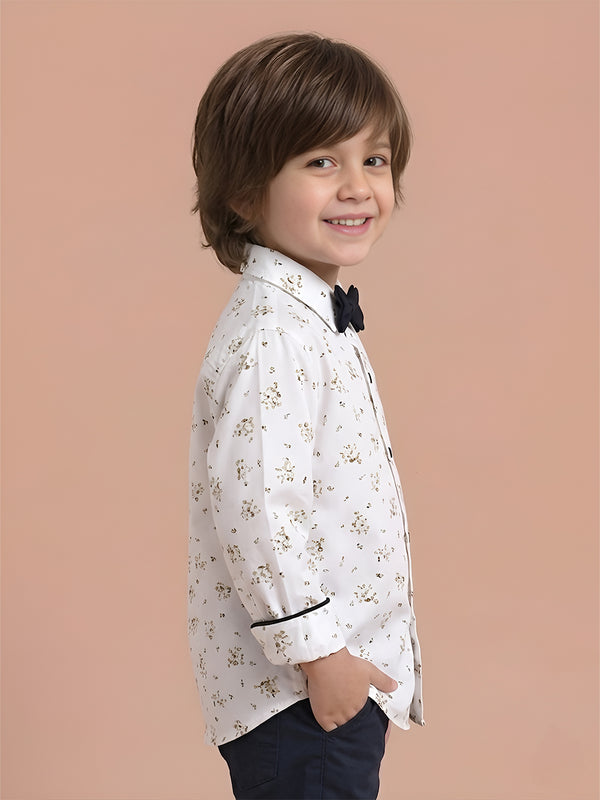 Polka Tots floral print party wear bow tie shirt - White