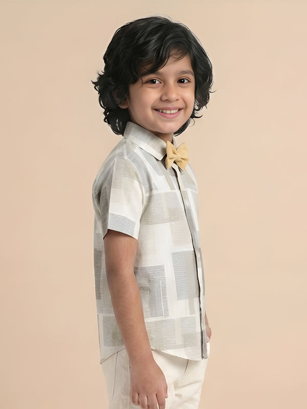 Polka Tots Half Sleeves Shirt with Bow Tie - Beige