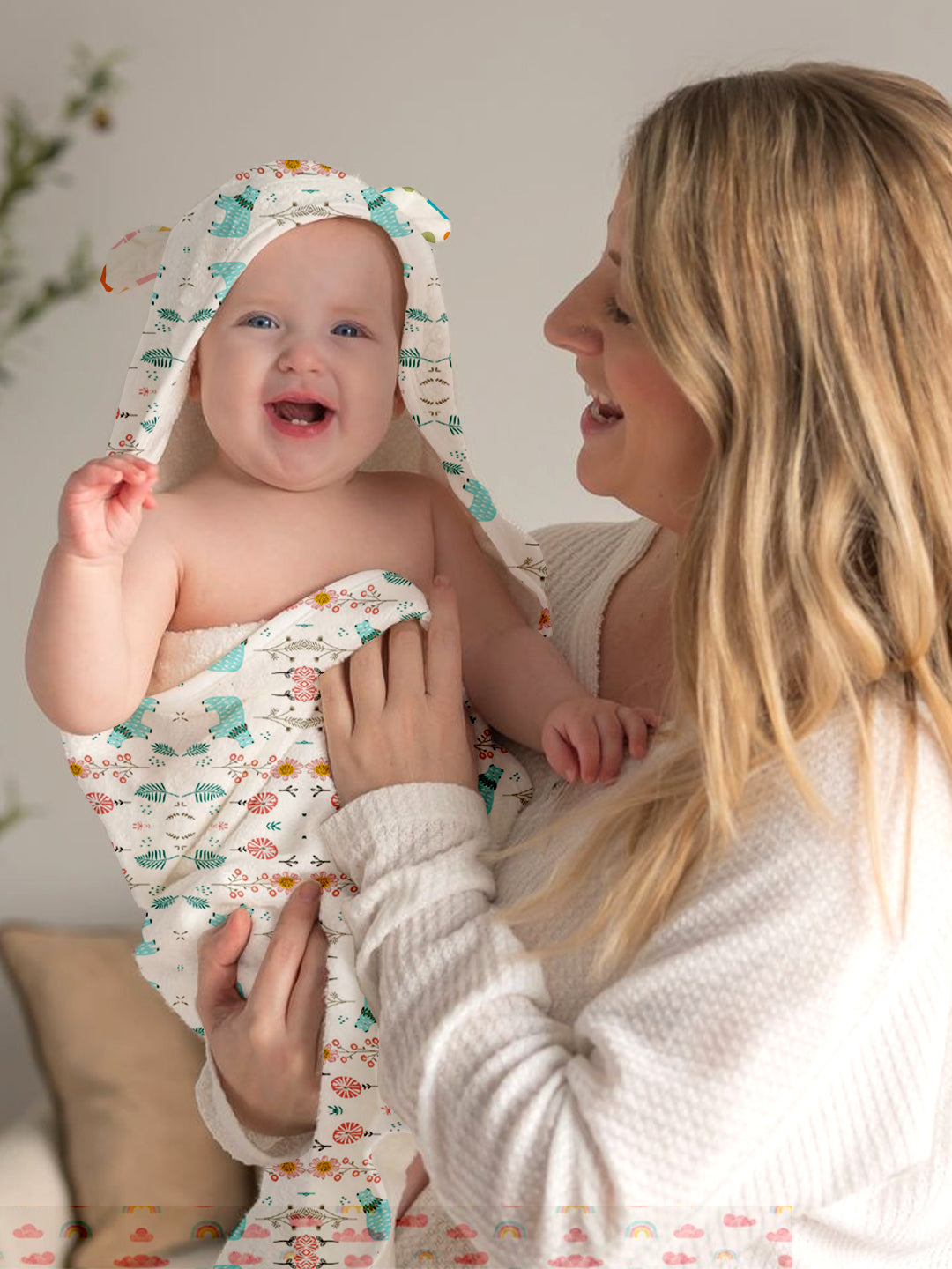 Polka Tots 100% Soft Muslin Cotton 2-Layer Hooded Baby Towel with Ear Appliqué - Bloomy Bear Print