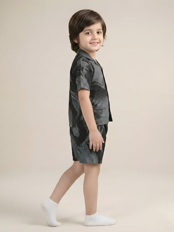Polka Tots Half Sleeves Brush print Co-ords - Black