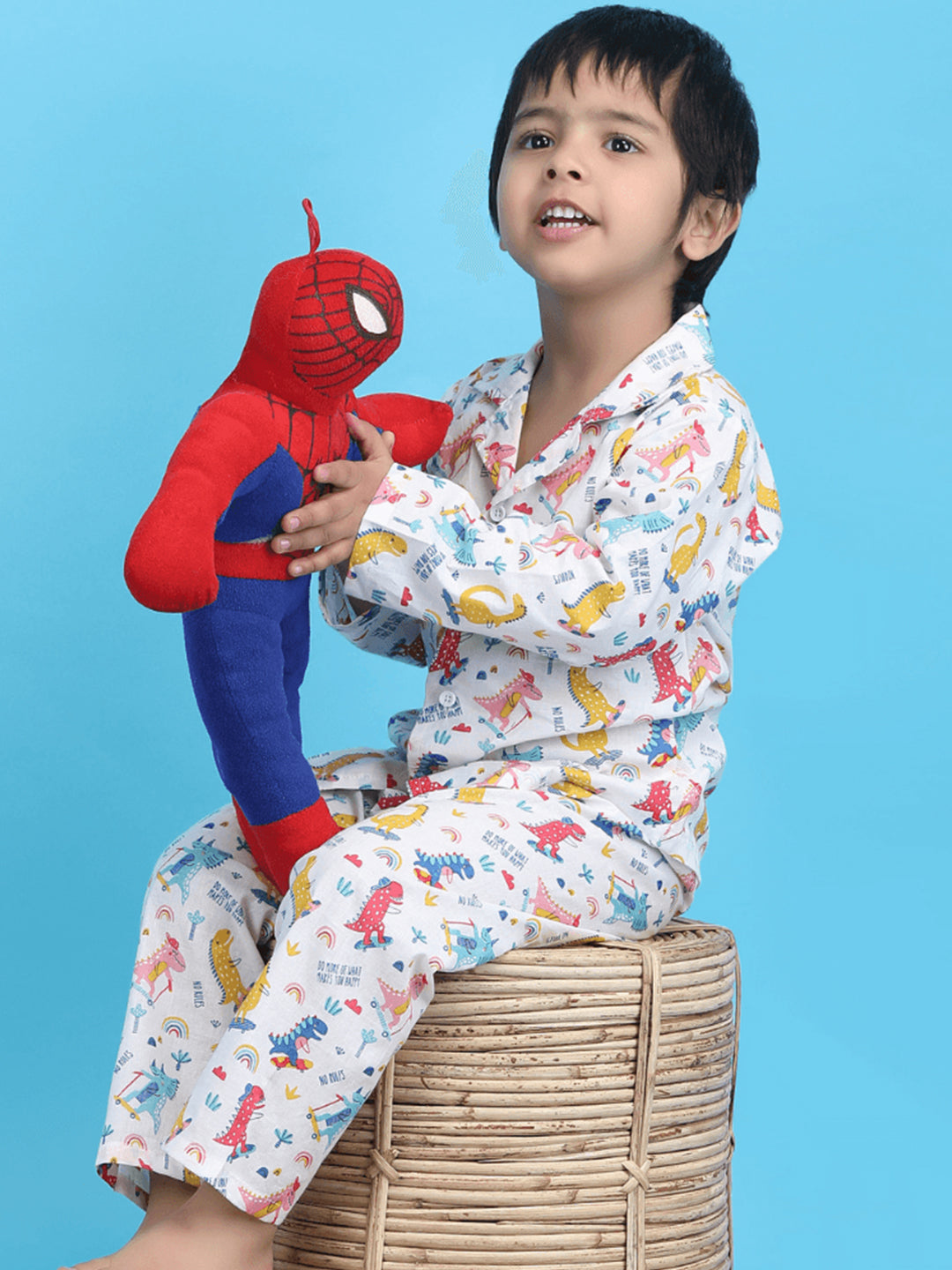 Polka Tots Full sleeves Dinosaur print Night Suit - White