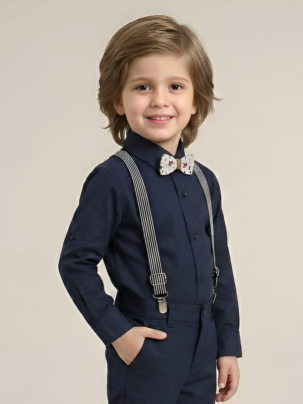 Polka Tots plain party shirt with wood bow tie and stripe suspender - Blue