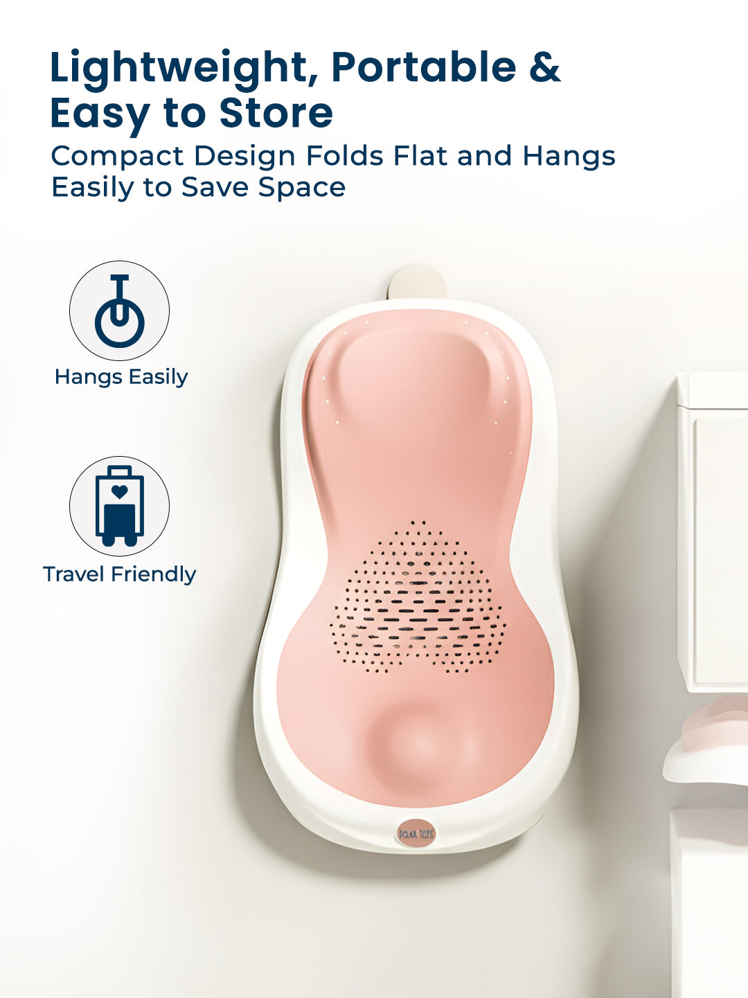 Compact pink and white device with text highlighting its features on a light gray background