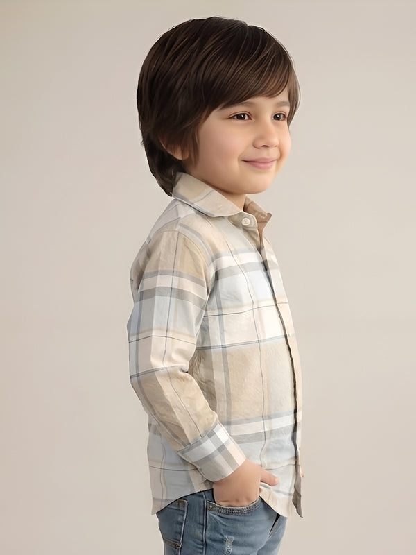 Polka Tots Full Sleeves Checks print Shirt - Beige