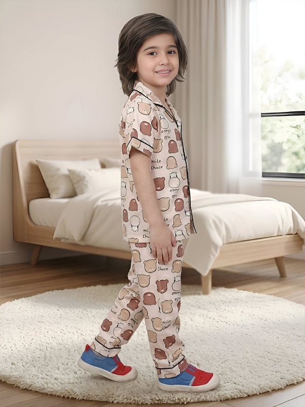 Polka Tots Half sleeves Cow print Night Suit - Brown