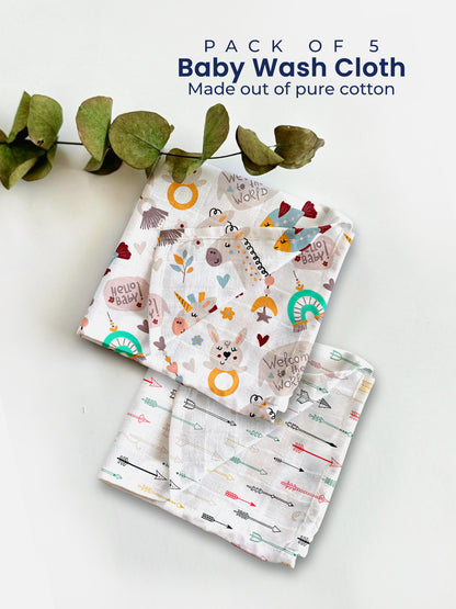 Pack of 5 baby wash cloths made out of pure cotton on a white background with eucalyptus leaves.