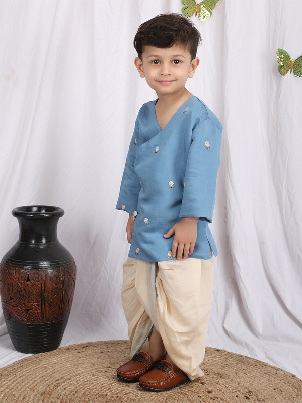 Polka Tots Full sleeve Flower Embroidery Angrakha With Dhoti Set - Blue