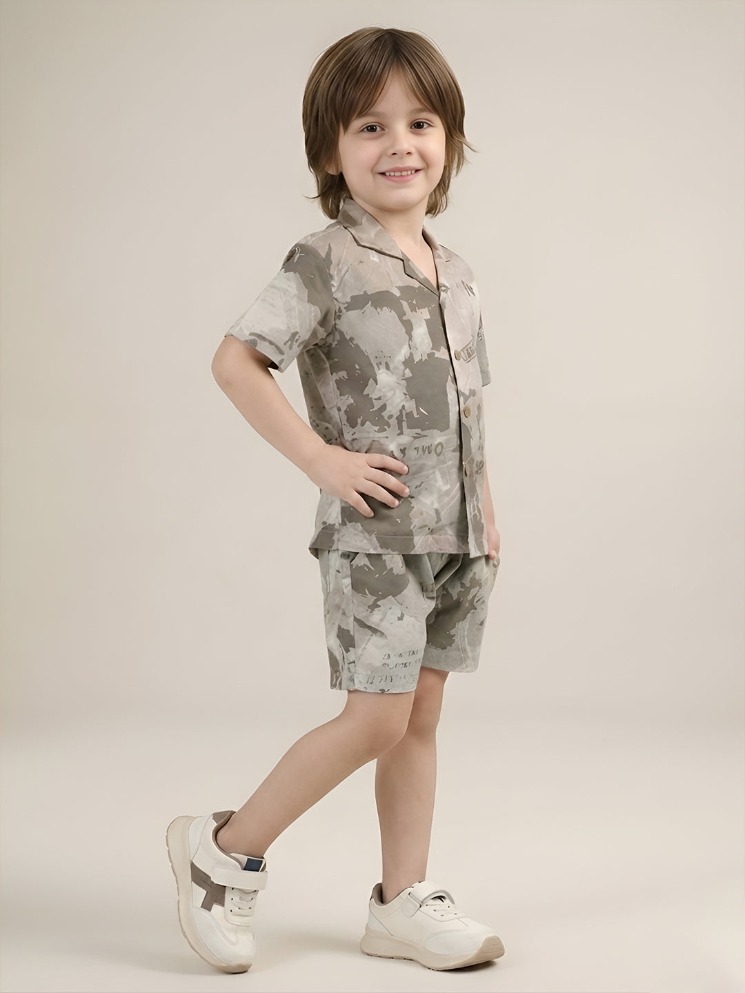Polka Tots Half Sleeves Brush print Co-ords - Brown