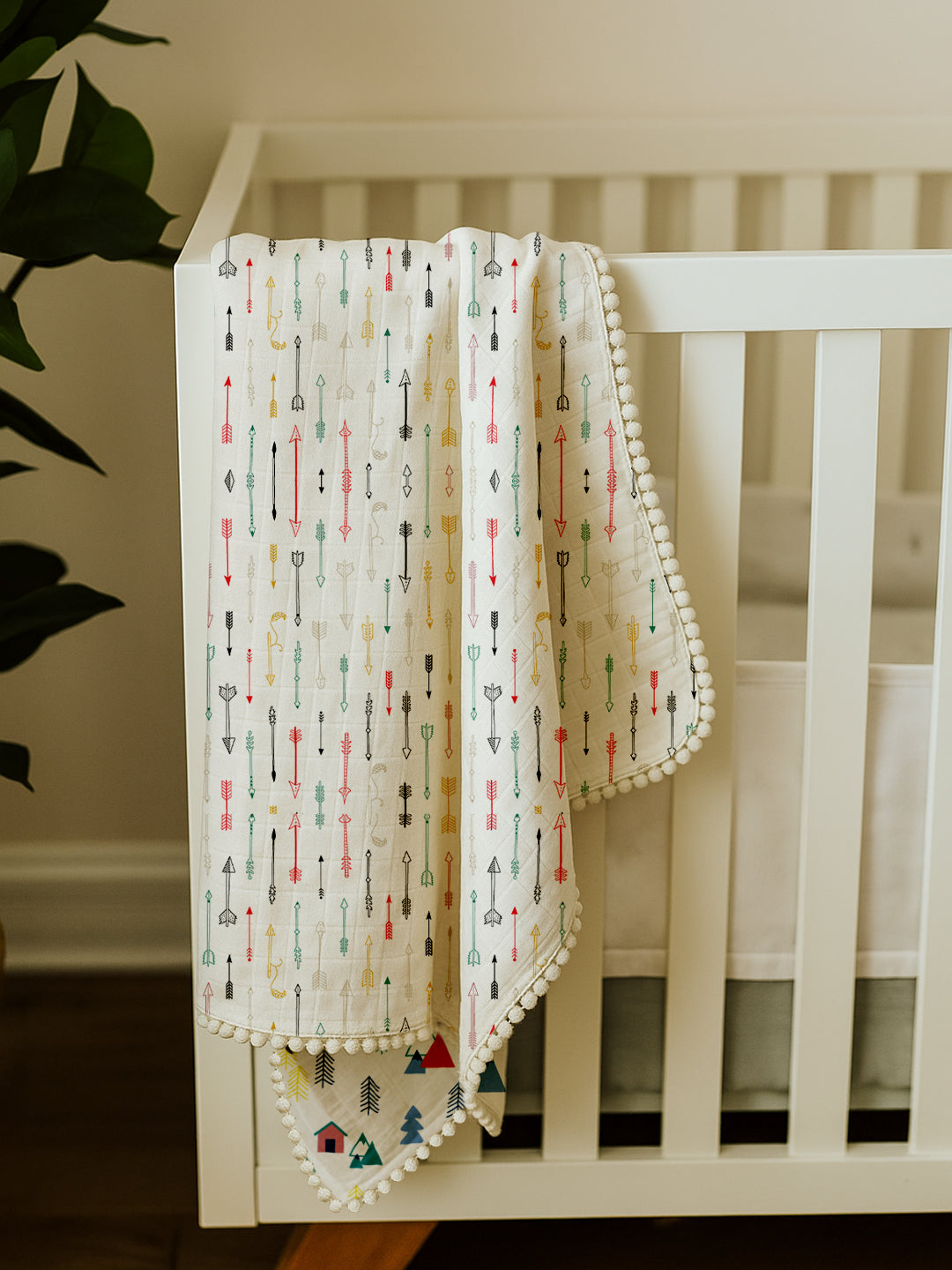 Polka Tots 100% Soft Muslin Cotton 3-Layer Reversible Baby Blanket/Dohar with Pom-Pom Lace - Tiny Town and Cupid Print