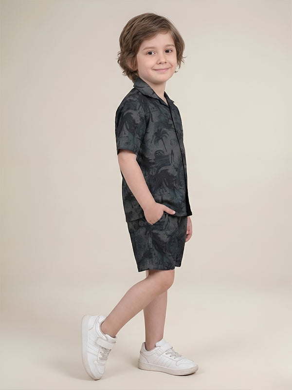 Polka Tots Half Sleeves Tropical print co-ord set - Black