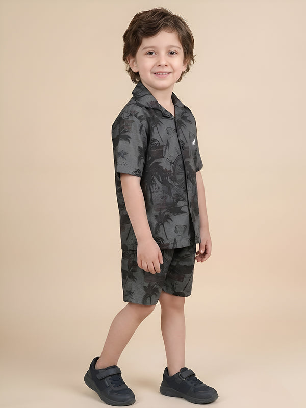 Polka Tots Half Sleeves Tropical print co-ord set - Black