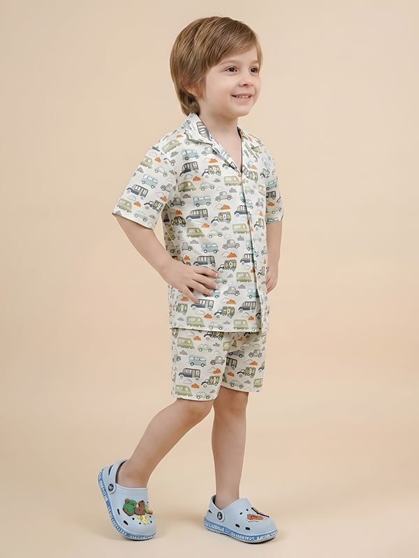 Polka Tots Half Sleeves Vehicle print Co-ord set - White