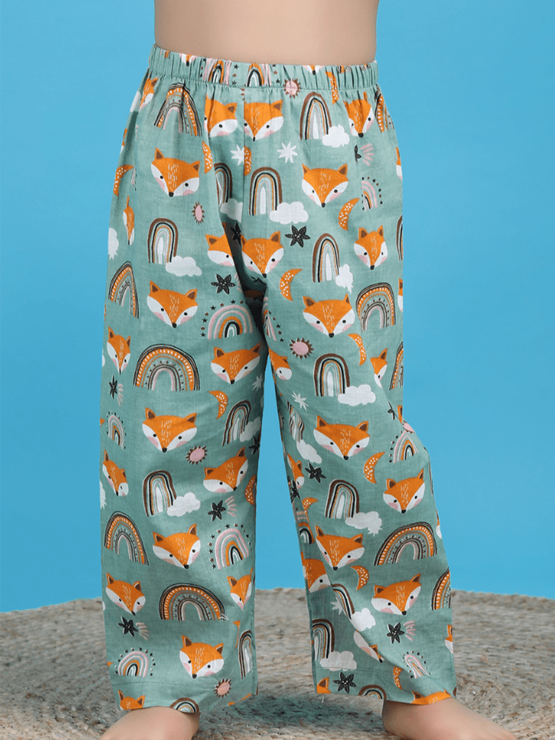 Polka Tots Full sleeves Fox print Night Suit - Green