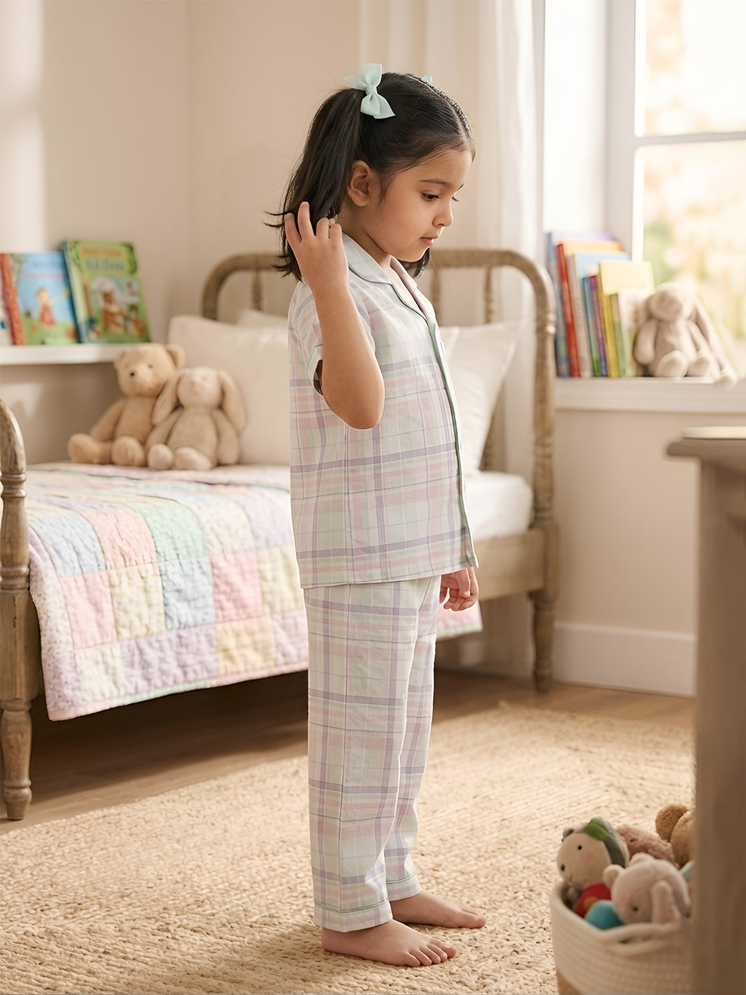 Polka Tots Half sleeves Checkered Night Suit - Green
