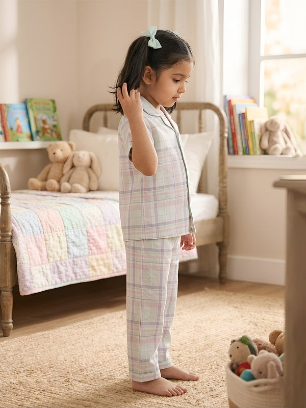 Polka Tots Half sleeves Checkered Night Suit - Green