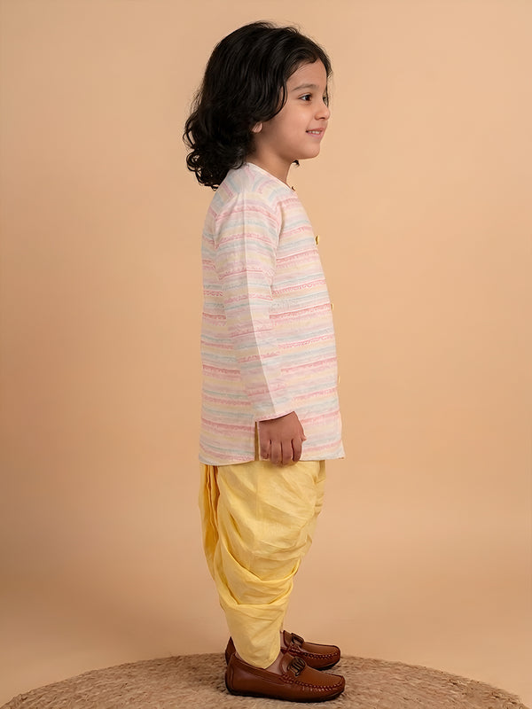 Polka Tots Full Sleeve Stripe Angrakha With Dhoti - Yellow