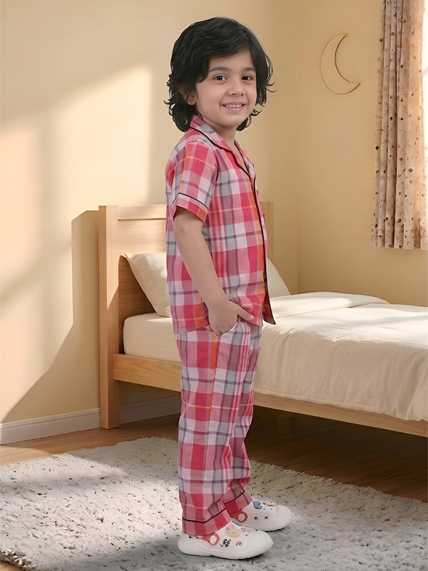 Polka Tots Half sleeves Checkered Night Suit - Magenta