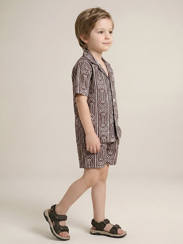 Polka Tots Half Sleeve Geometric print Co-ords - Brown