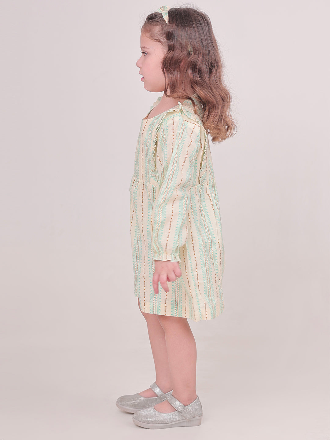 Polka Tots Full sleeve Stripe print Frock with Headband - Green