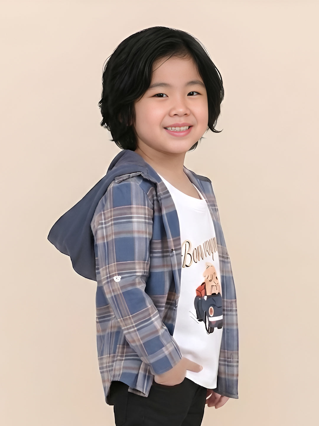 Polka Tots Full Sleeves Bon Voyage print Shirt With Attached Tshirt - Blue