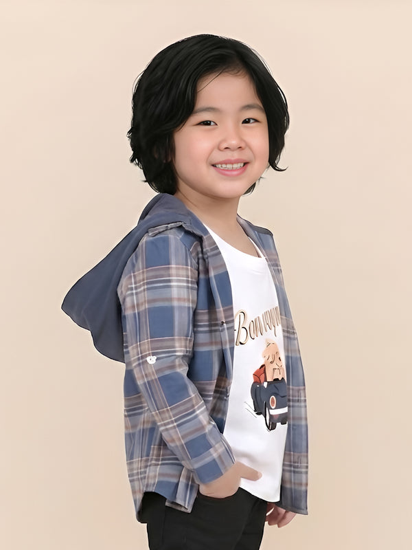 Polka Tots Full Sleeves Bon Voyage print Shirt With Attached Tshirt - Blue