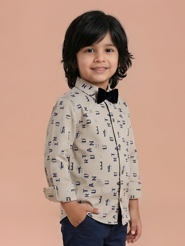 Polka Tots Full Sleeve Lycra Shirt Alphabet Print with Bow Tie Cream