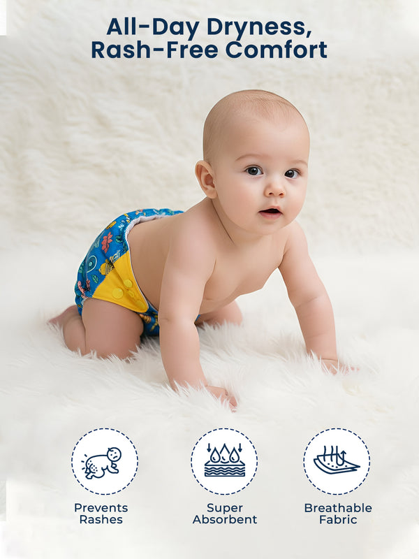 Polka Tots Reusable Cloth Diaper Waterproof Adjustable Baby Diaper (Dark Blue & Yellow)