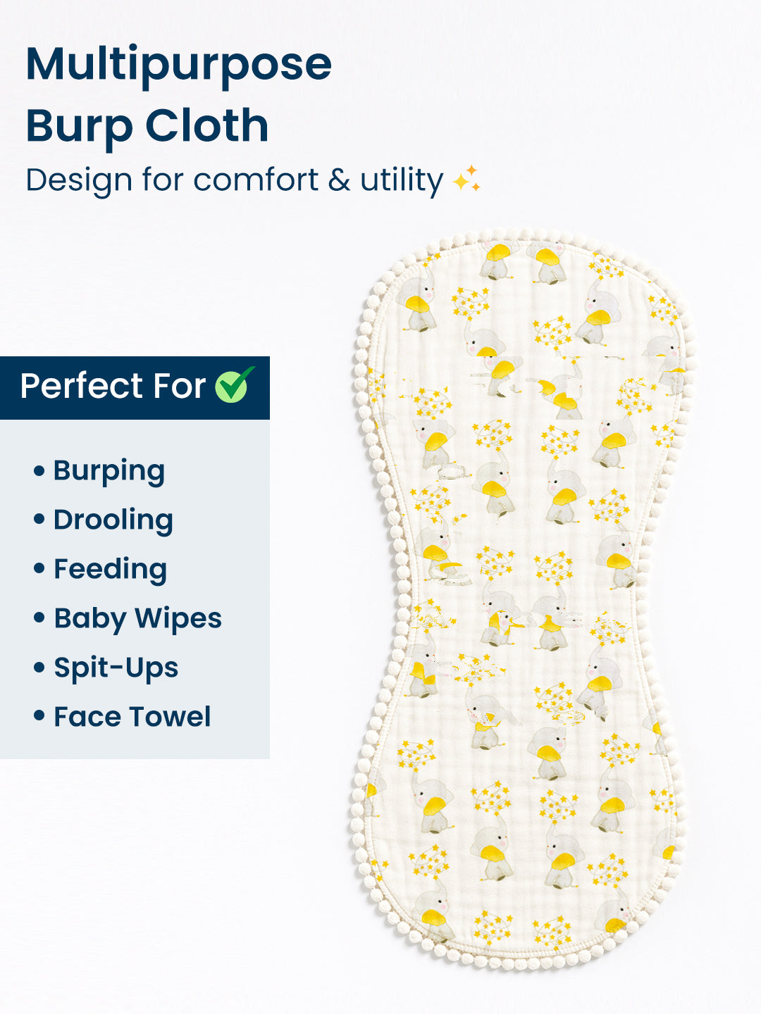 Polka Tots Newborn Pack of 3 100% Soft Muslin Cotton Double Layer Burp Cloths with Pom-Pom Lace