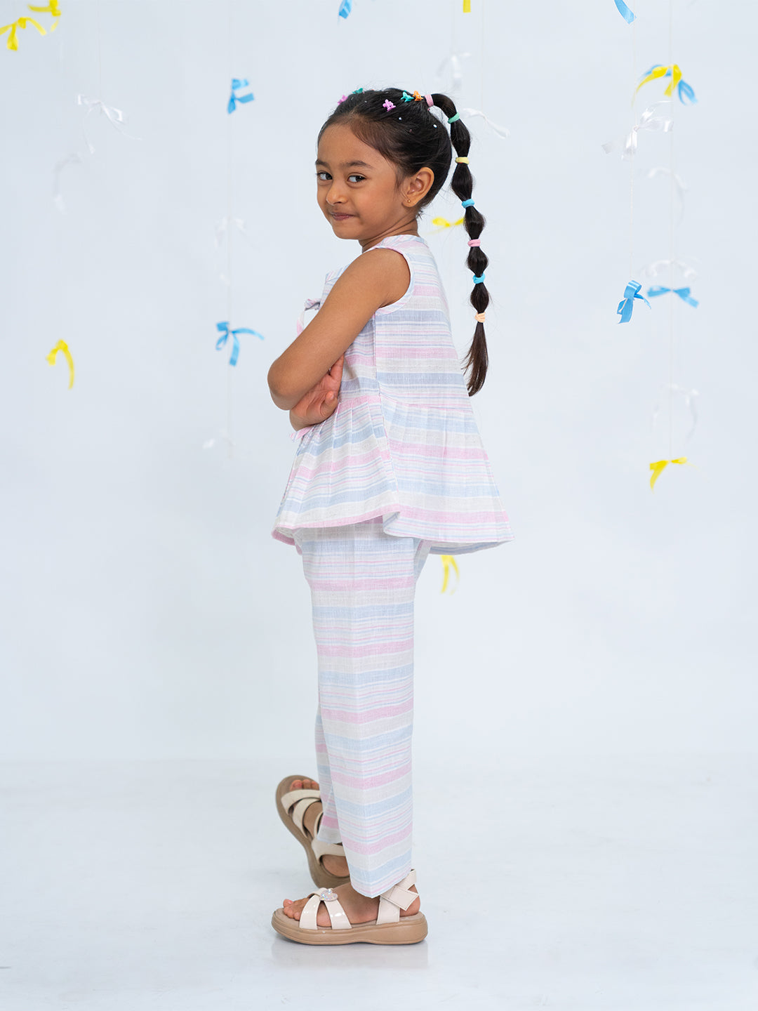 Polka Tots Sleeveless  Statement Bow Top & Bottom Set - Multicolour