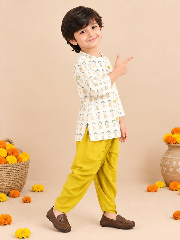 Polka Tots Cotton Full Sleeve Cartoon Print Angrakha Top With Dhoti - Yellow