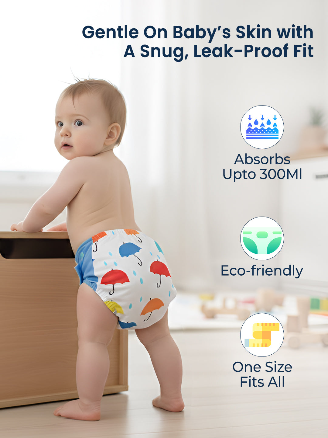 Baby wearing a colorful diaper with text highlighting features on a light background