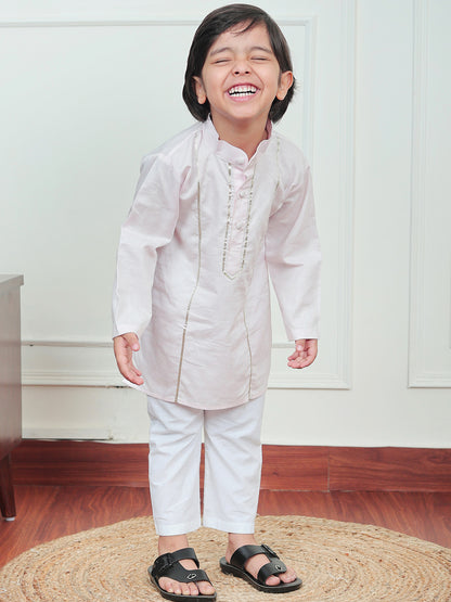 Polka Tots Full Sleeve Silver stripes Kurta Pyjama Set - Pink