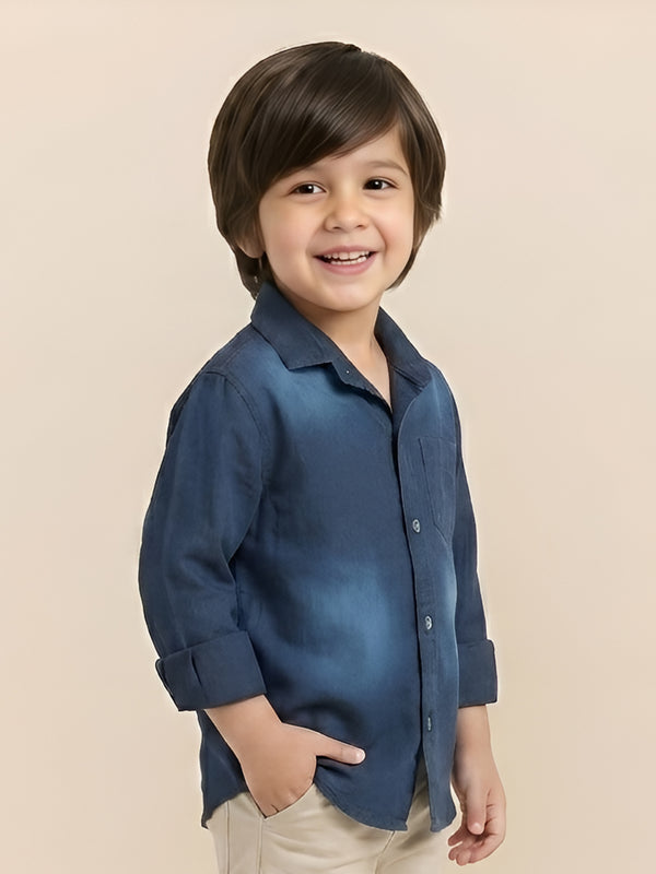 Polka Tots Cotton Full Sleeves Wash Effect Denim Shirt - Blue