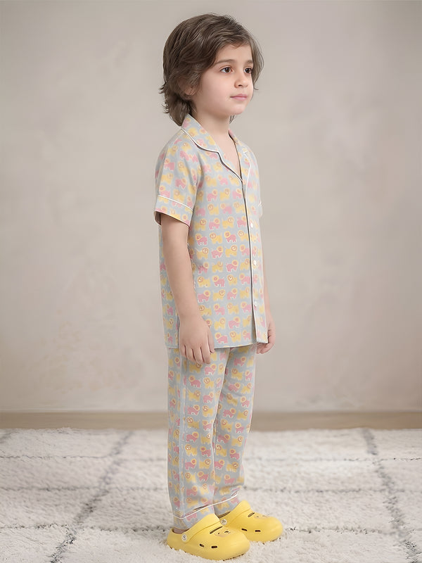 Polka Tots Half Sleeves Lion print Night Suit - Light Blue