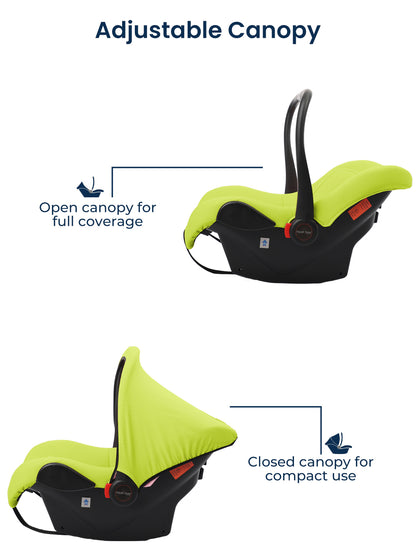 Green adjustable canopy for a baby car seat with open and closed canopy options on a white background.